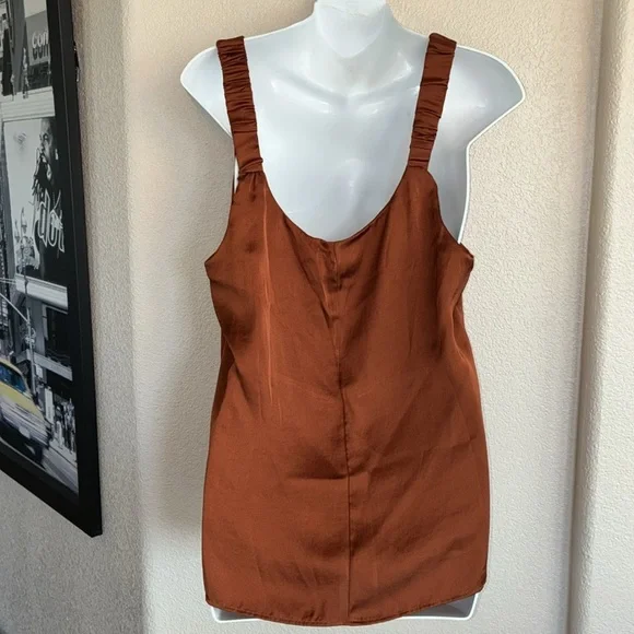 1 STATE Slinky satin bronze top, gathered straps, shoulder-flaunting, sexy L NWT - Picture 5 of 17